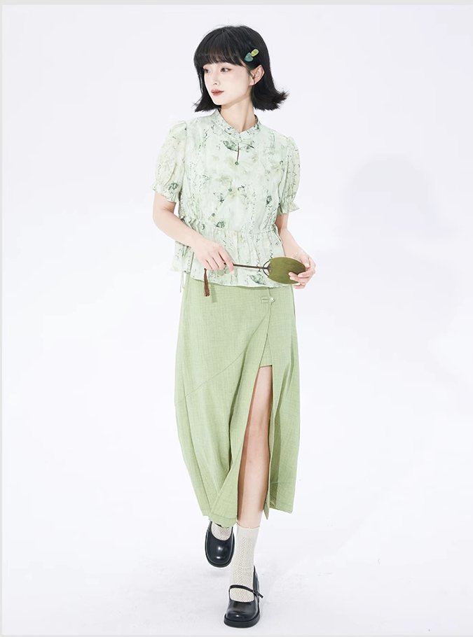 Cheongsam collar floral puff sleeves button-up short-sleeved shirt