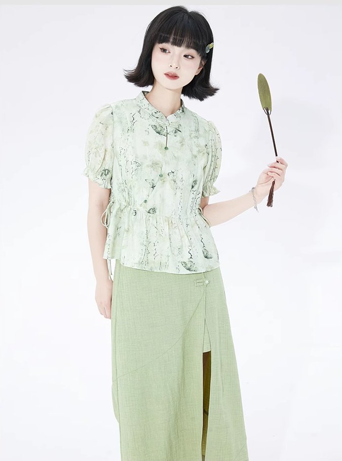 Cheongsam collar floral puff sleeves button-up short-sleeved shirt