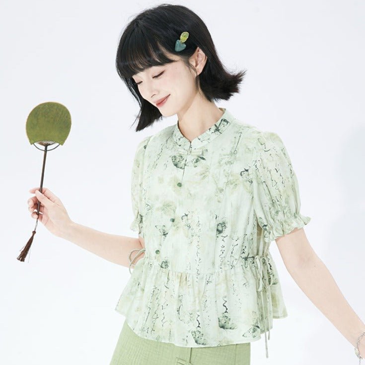 Cheongsam collar floral puff sleeves button-up short-sleeved shirt
