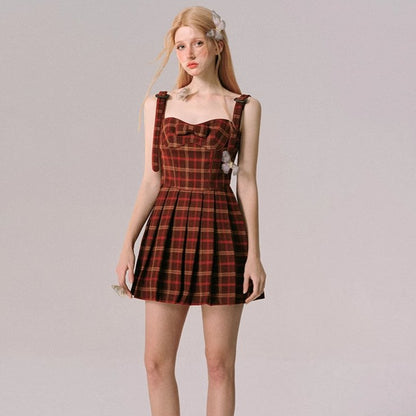 Christmas and New Year red plaid suspender dress