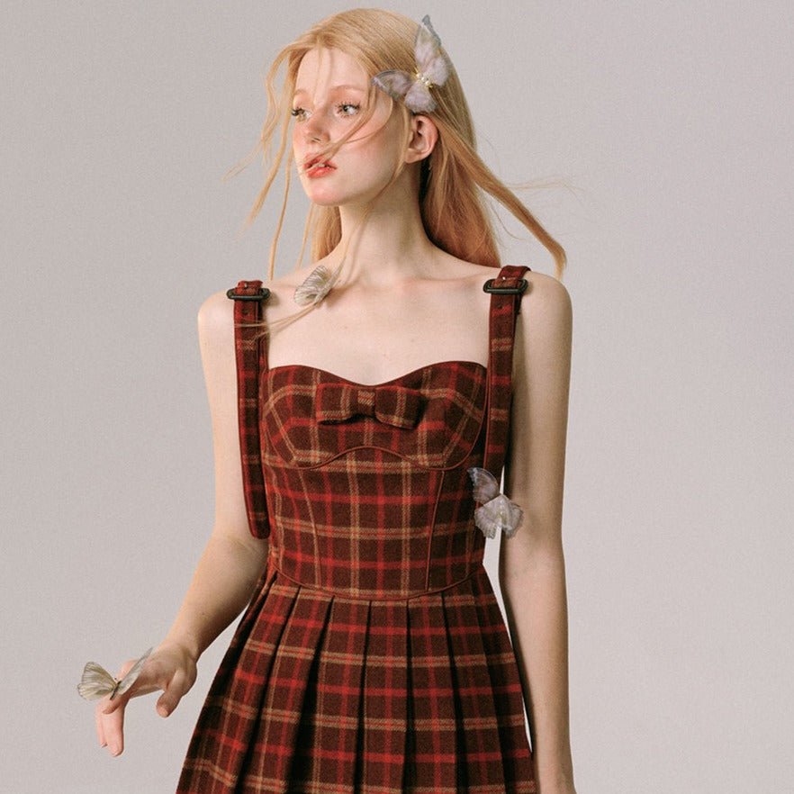 Christmas and New Year red plaid suspender dress