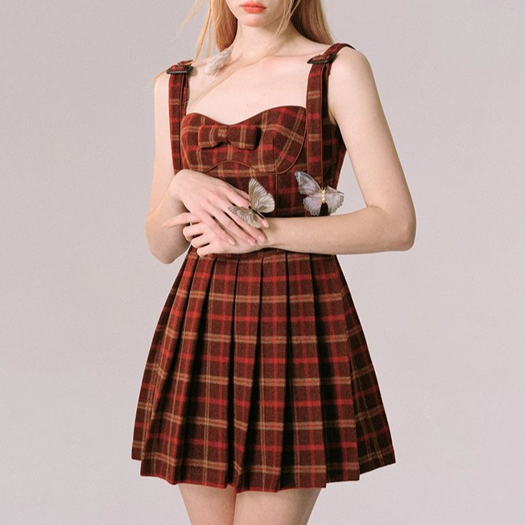 Christmas and New Year red plaid suspender dress