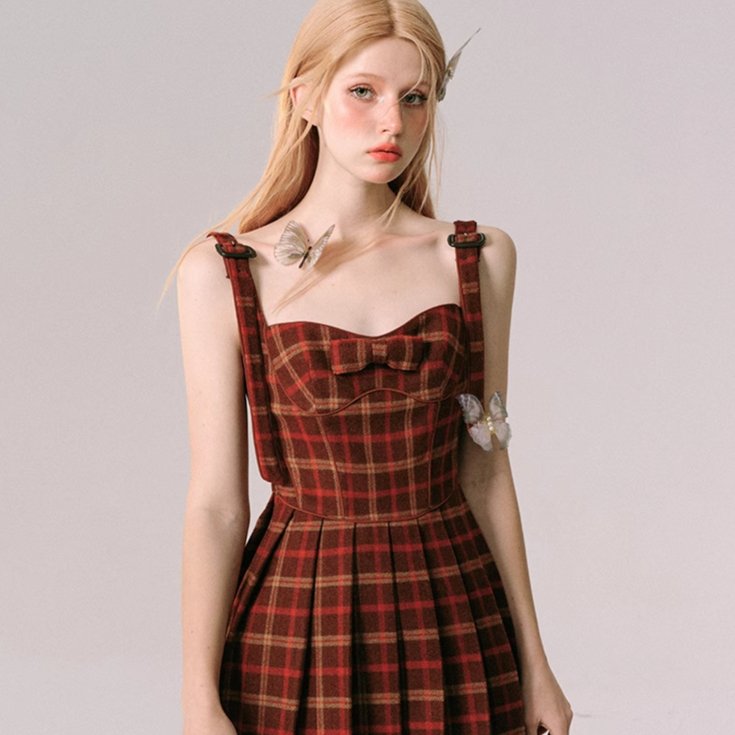 Christmas and New Year red plaid suspender dress