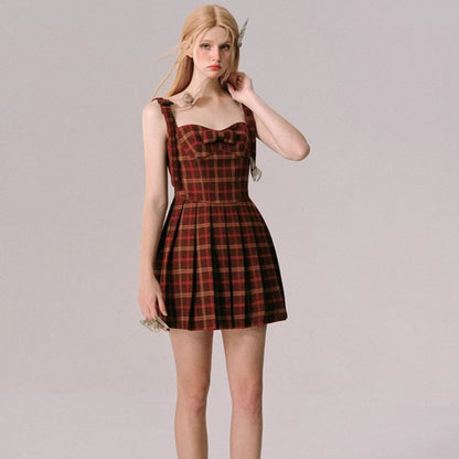 Christmas and New Year red plaid suspender dress