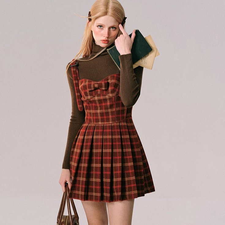 Christmas and New Year red plaid suspender dress