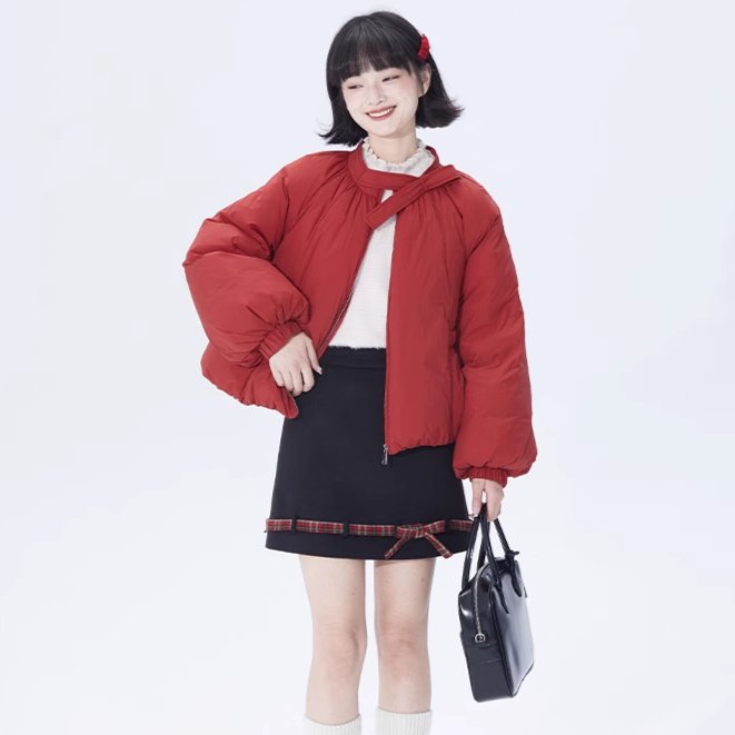 Christmas Red Plaid Color Block Wool Skirt