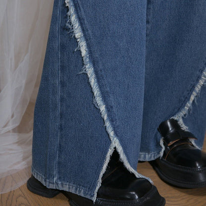 Cobalt blue raw edge slit mid-rise wide-leg jeans