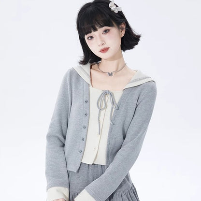 College navy collar fake two-piece knitted cardigan