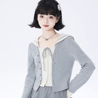 College navy collar fake two-piece knitted cardigan