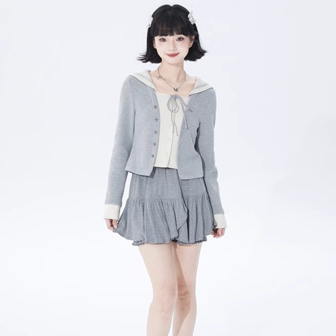 College navy collar fake two-piece knitted cardigan