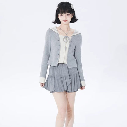 College navy collar fake two-piece knitted cardigan