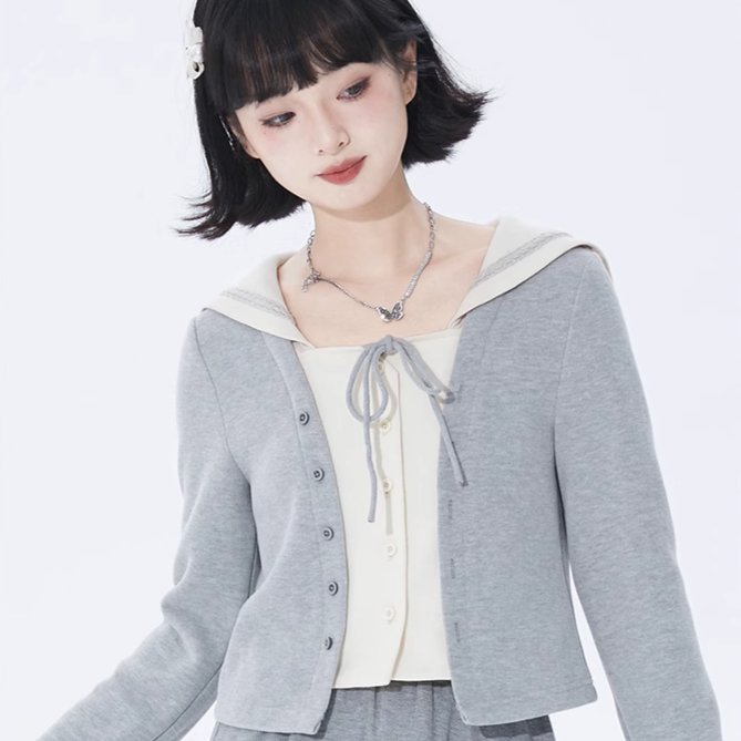 College navy collar fake two-piece knitted cardigan