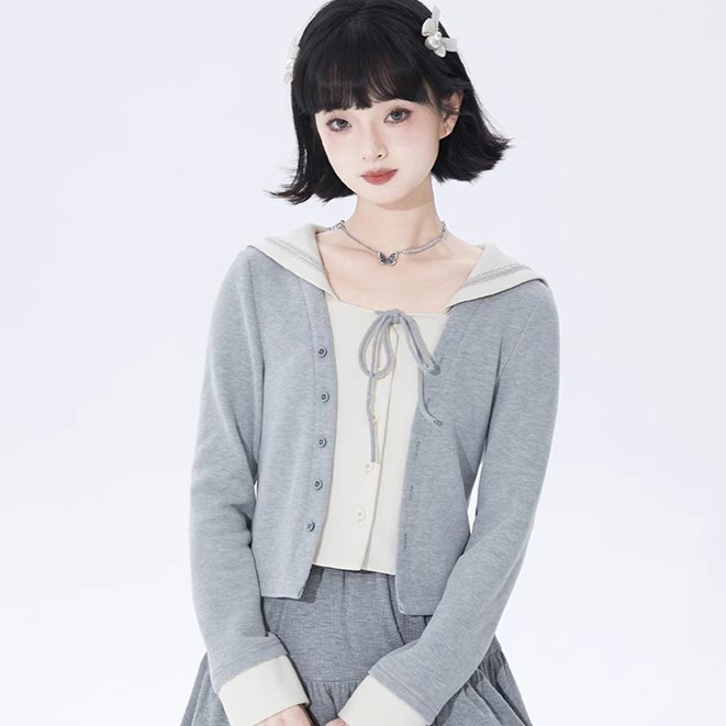 College navy collar fake two-piece knitted cardigan