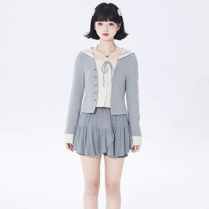 College navy collar fake two-piece knitted cardigan