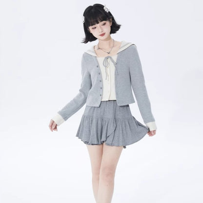 College navy collar fake two-piece knitted cardigan