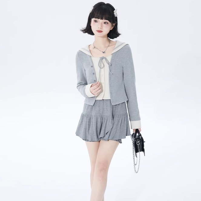 College navy collar fake two-piece knitted cardigan