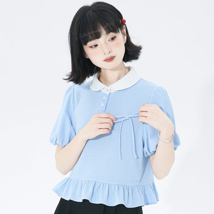 College style loose ribbon puff sleeve short top