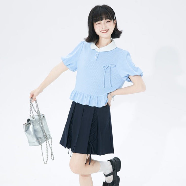 College style loose ribbon puff sleeve short top