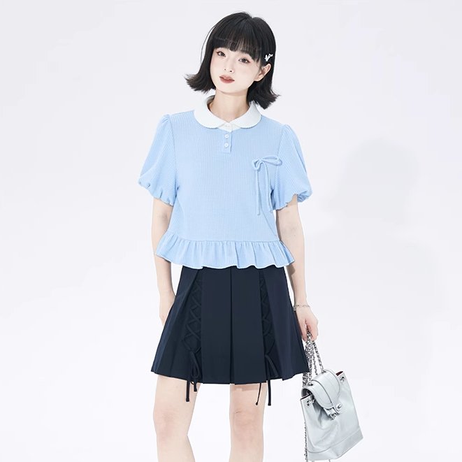 College style loose ribbon puff sleeve short top