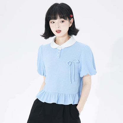 College style loose ribbon puff sleeve short top