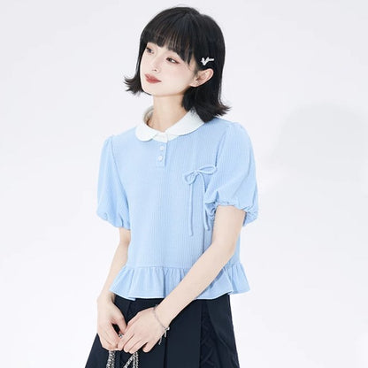 College style loose ribbon puff sleeve short top