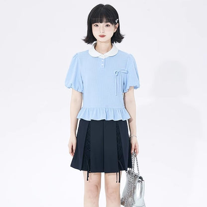 College style loose ribbon puff sleeve short top