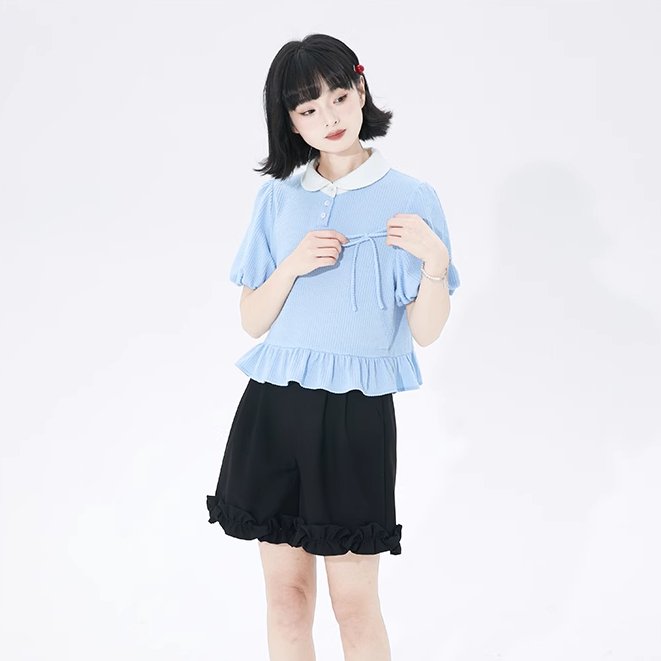 College style loose ribbon puff sleeve short top