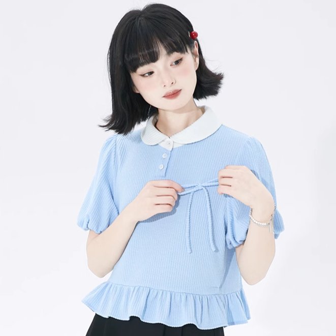 College style loose ribbon puff sleeve short top