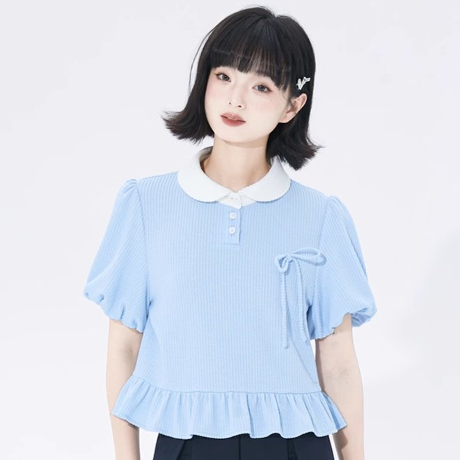 College style loose ribbon puff sleeve short top