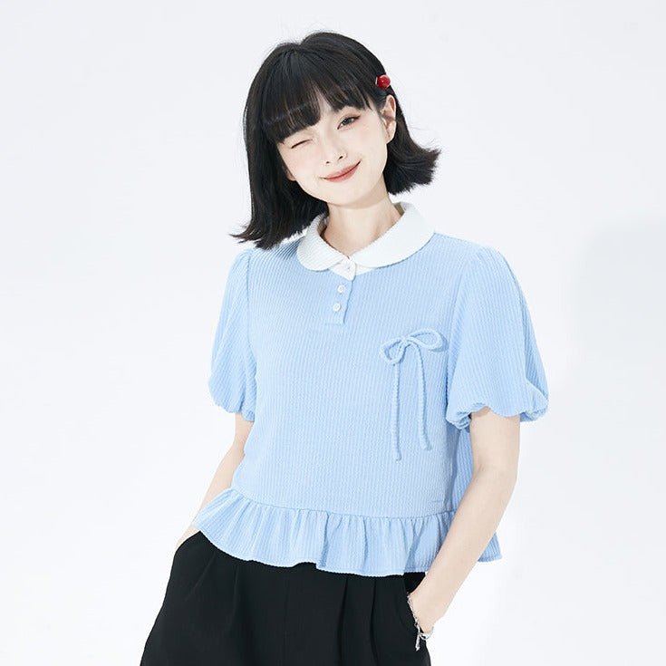 College style loose ribbon puff sleeve short top