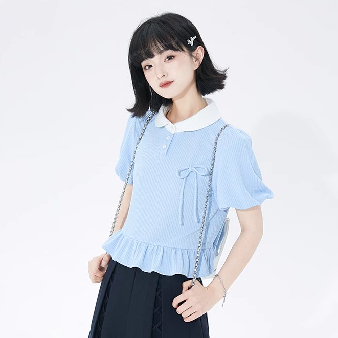 College style loose ribbon puff sleeve short top