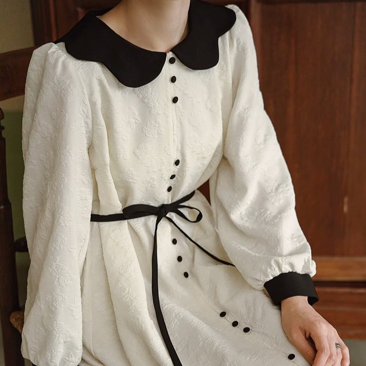 Cream rose dark pattern French doll collar dress