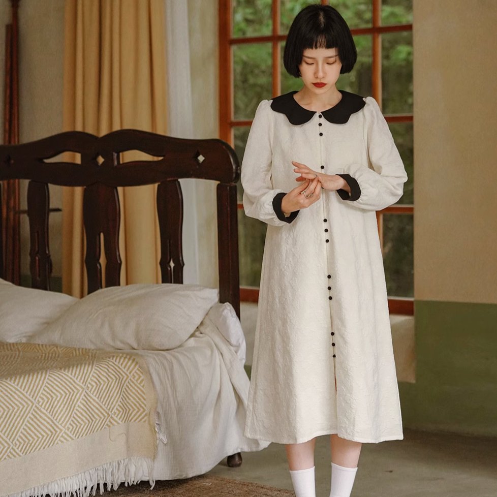 Cream rose dark pattern French doll collar dress