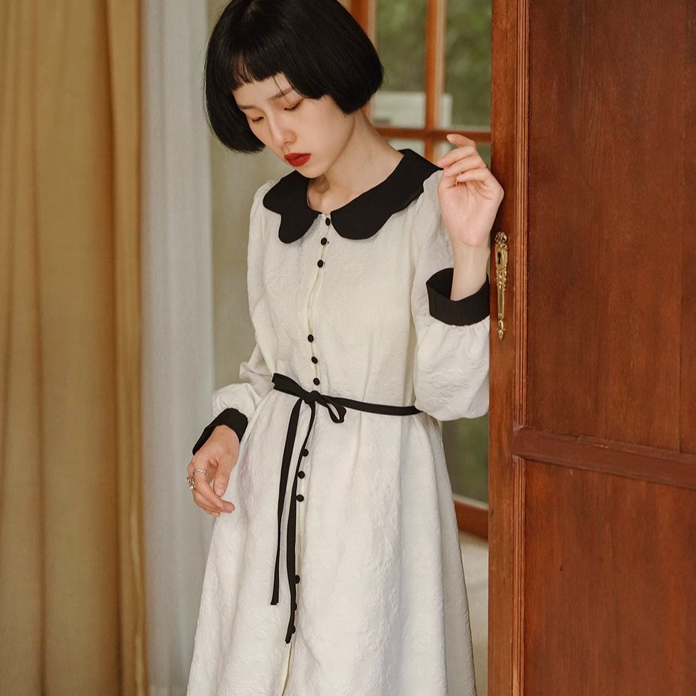 Cream rose dark pattern French doll collar dress