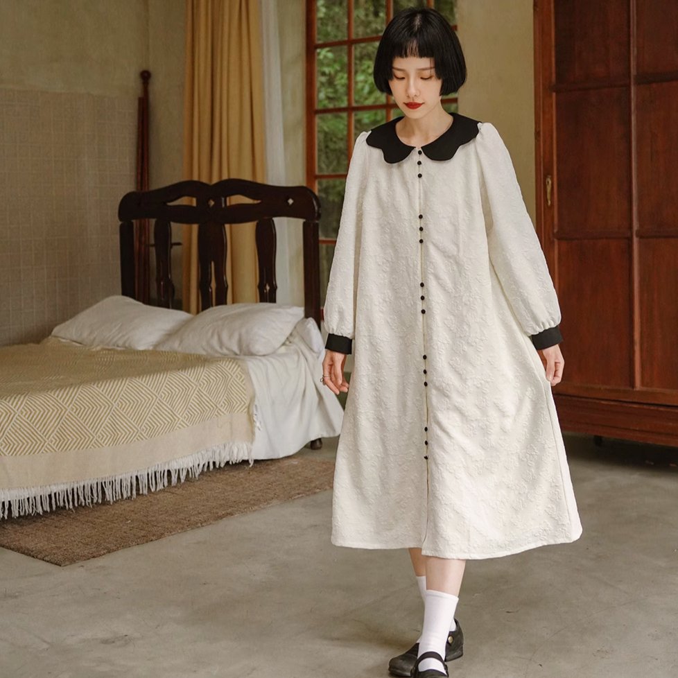 Cream rose dark pattern French doll collar dress