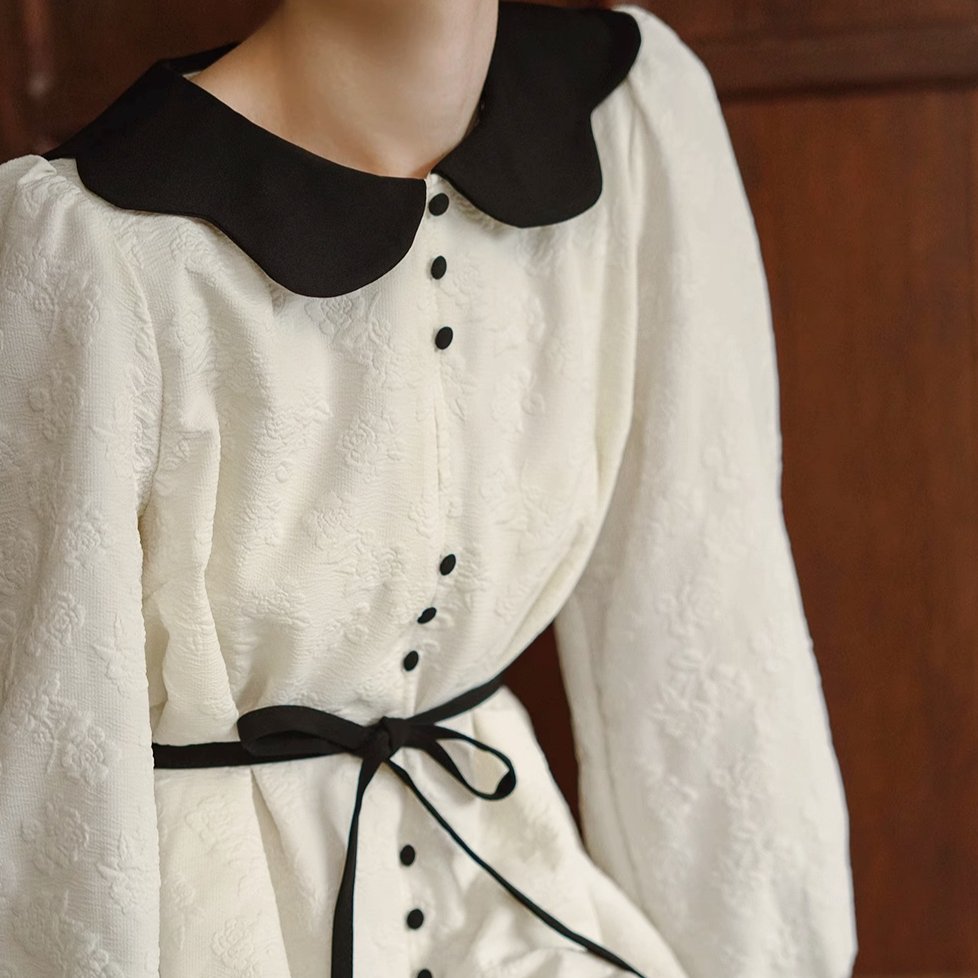 Cream rose dark pattern French doll collar dress