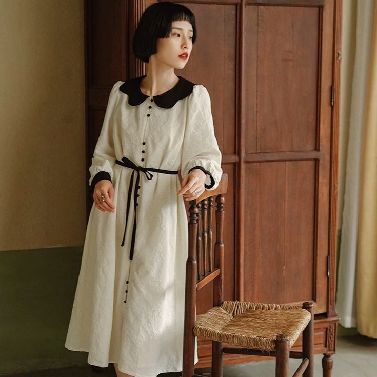 Cream rose dark pattern French doll collar dress