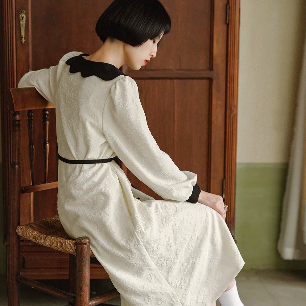 Cream rose dark pattern French doll collar dress