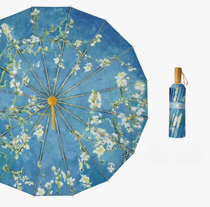 ゴッホ”花咲くアーモンドの木の枝”３段折りたたみ晴雨兼用傘 16本骨