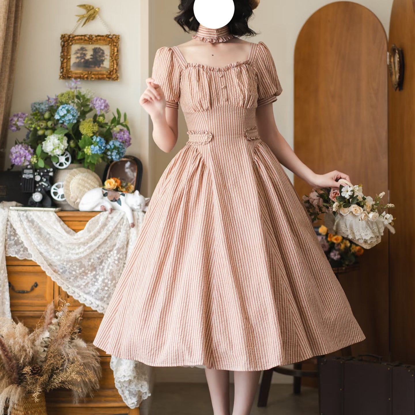 英国のお嬢様のクラシカルストライプワンピース - Carrot Orange