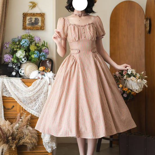 英国のお嬢様のクラシカルストライプワンピース - Carrot Orange