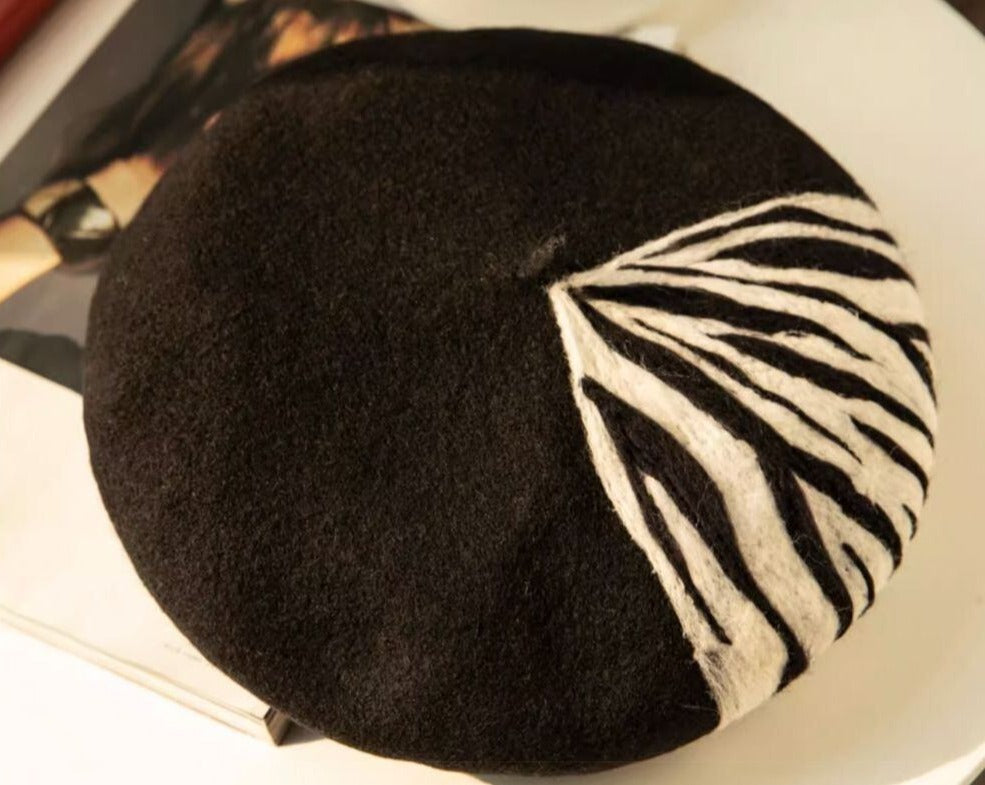 zebra design wool felt beret