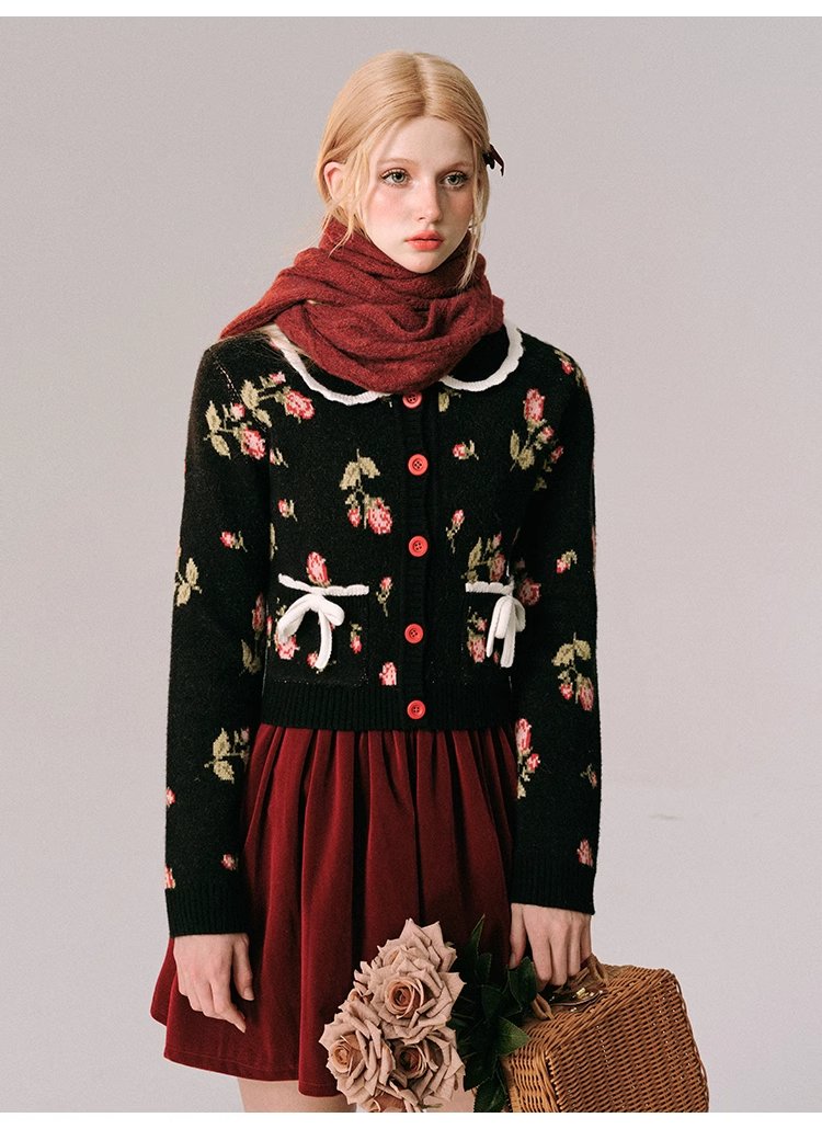 Doll Neck Knit Cardigan Jacquard Christmas Sweater