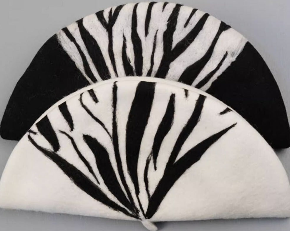 zebra design wool felt beret 