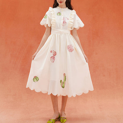 サボテンと花の刺繍レトロワンピース