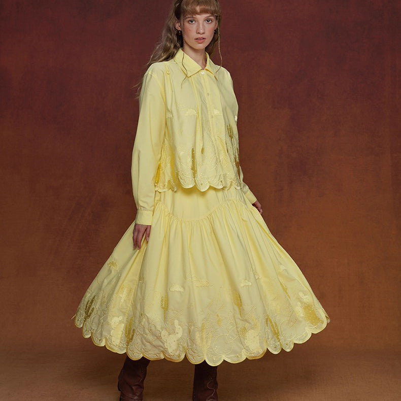 サボテンの刺繍ブラウスとスカート - Yellow