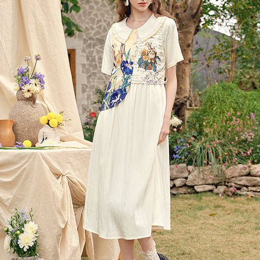 向日葵とアイリスのある花瓶と猫のワンピース