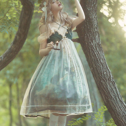 鬱蒼とした森の油彩画ジャンパースカート