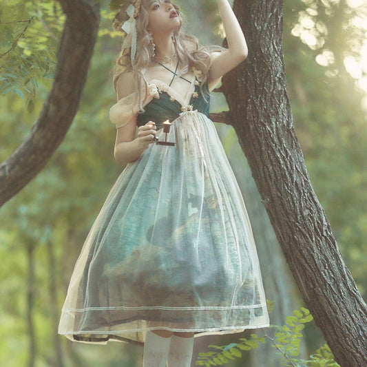 鬱蒼とした森の油彩画ジャンパースカート