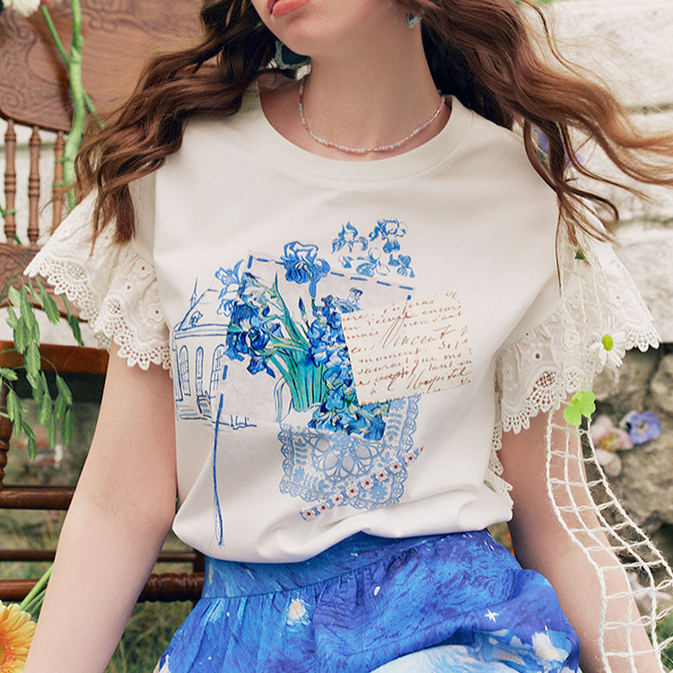 アイリスのある花瓶のレースTシャツ